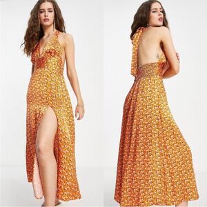 Topshop orange floral halter neck midi dress